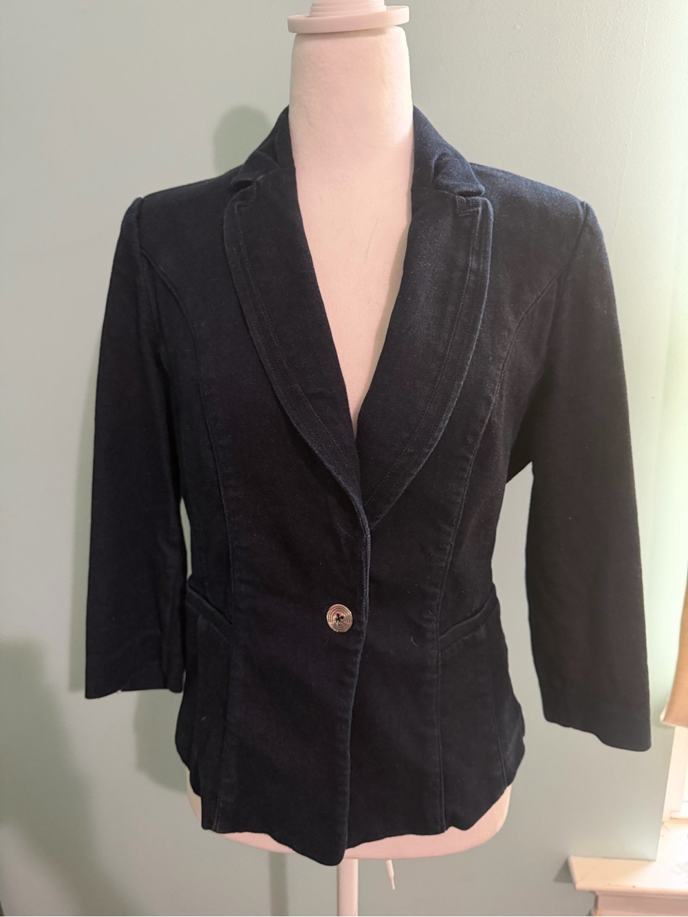 White House Black Market Tailored Denim Blazer Jacket Size 4 Leopard Print Trim
